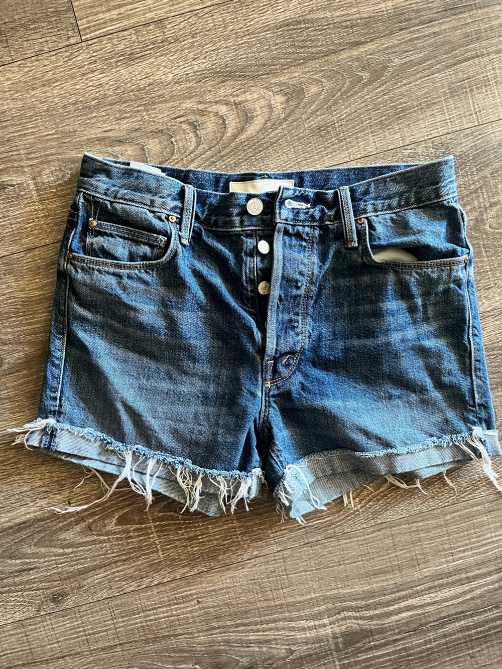 MOTHER Blue Denim Shorts with Tan Stitching